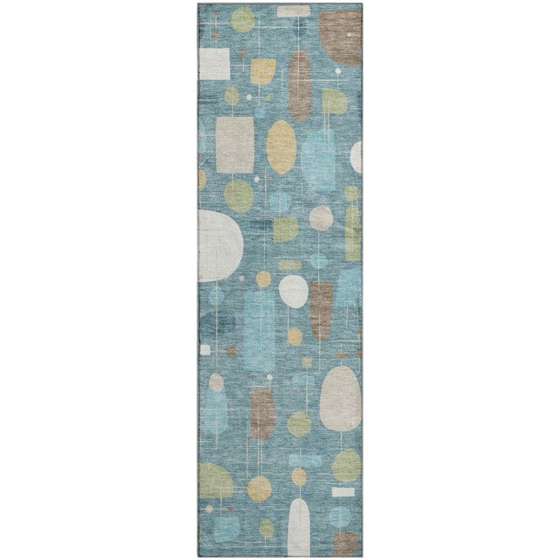 Premium Machine Washable Mayfield AMF2393 Geometric Rug, 2'3" x 7'6" Runner, Teal