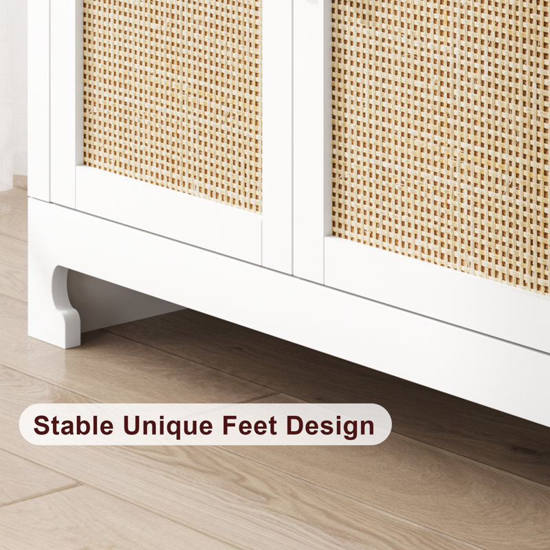 White and Natural Rattan 4-Door Buffet Cabinet with Shelf
