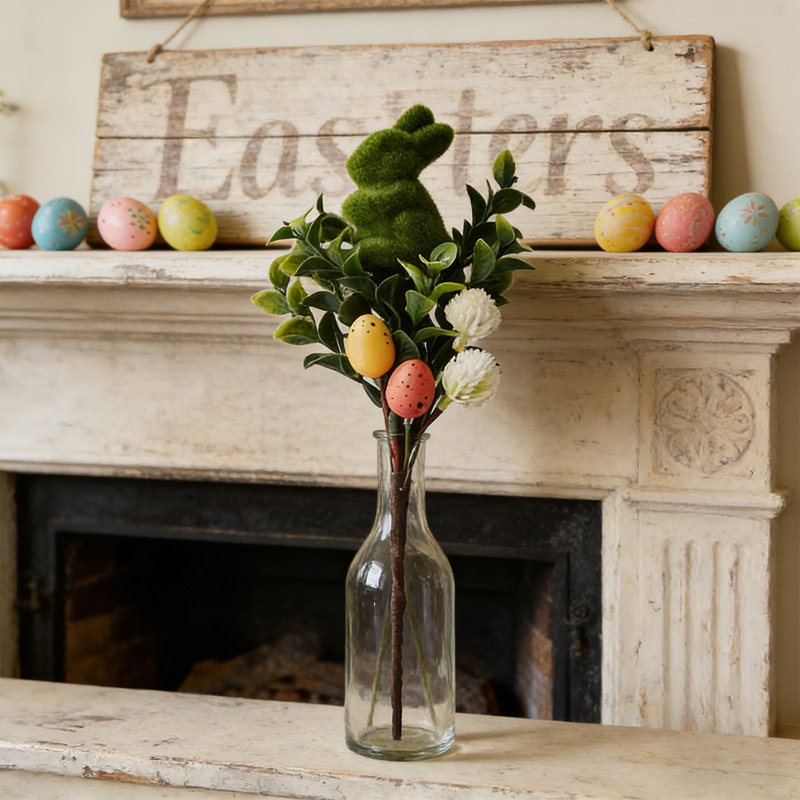 Manche de Pâques en mousse décorative avec œufs de Pâques et feuilles vertes artificielles, A