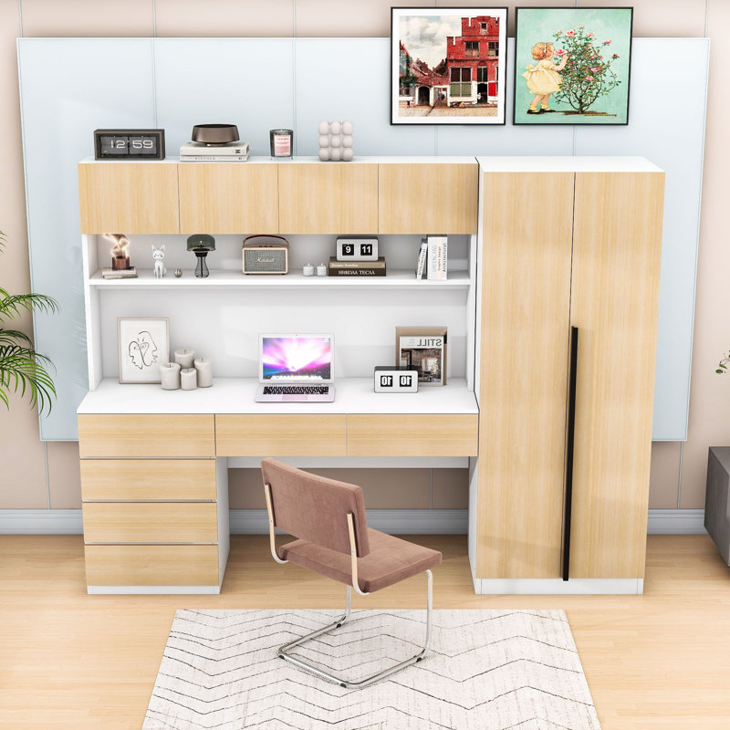 Wooden Freestanding Wardrobe and Desk Combo with Ample Storage for Small Spaces, Natural