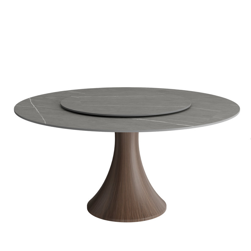 Table de salle à manger ronde de luxe gris avec base en bois massif et plateau tournant pour 6 à 8 personnes