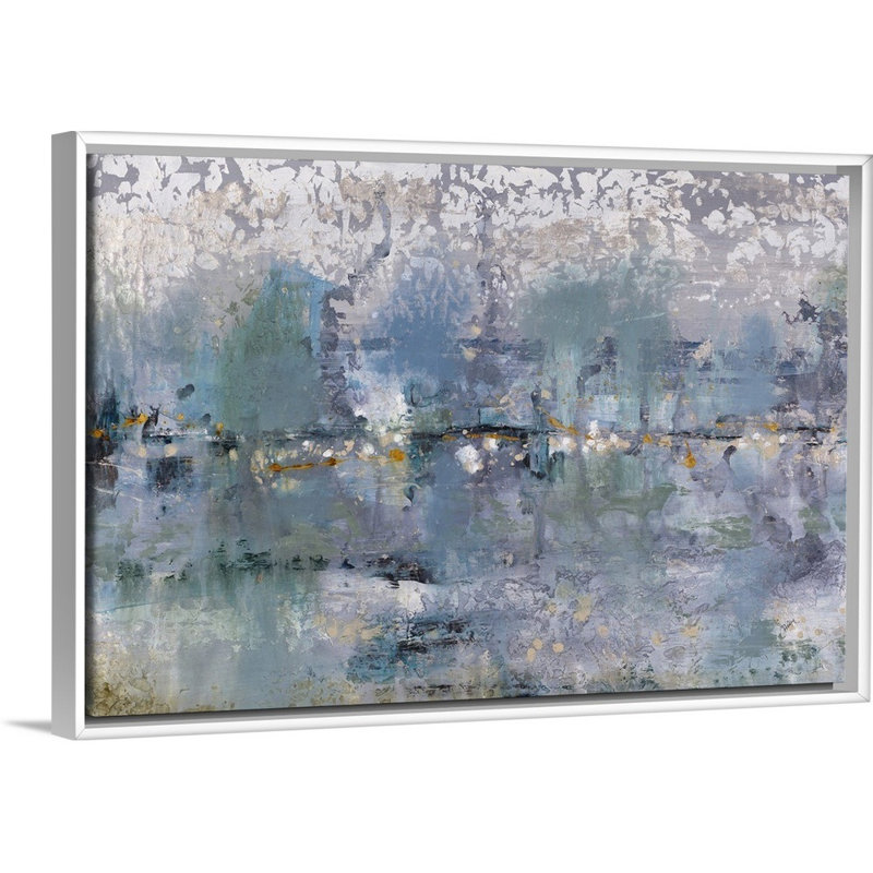 « délavé horizon », peinture sur toile, Cadre flottant blanc, H 33,7 po x l 49,7 po x P 1,75 po