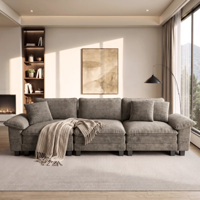 124" Oversized Deep Seat Living Room Sofa, Chenille Couch with Throw Pillows