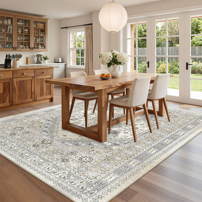 Machine Washable Oriental Floral Non Slip Indoor Area Rug, Rectangle 182.9cm x 274.3cm, Grey/Beige