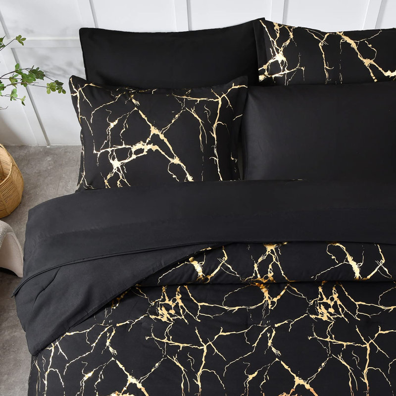 Metallic Marble Comforter Set,7 Piece Bed In A Bag, Queen Comforter + 6 Additional Pieces