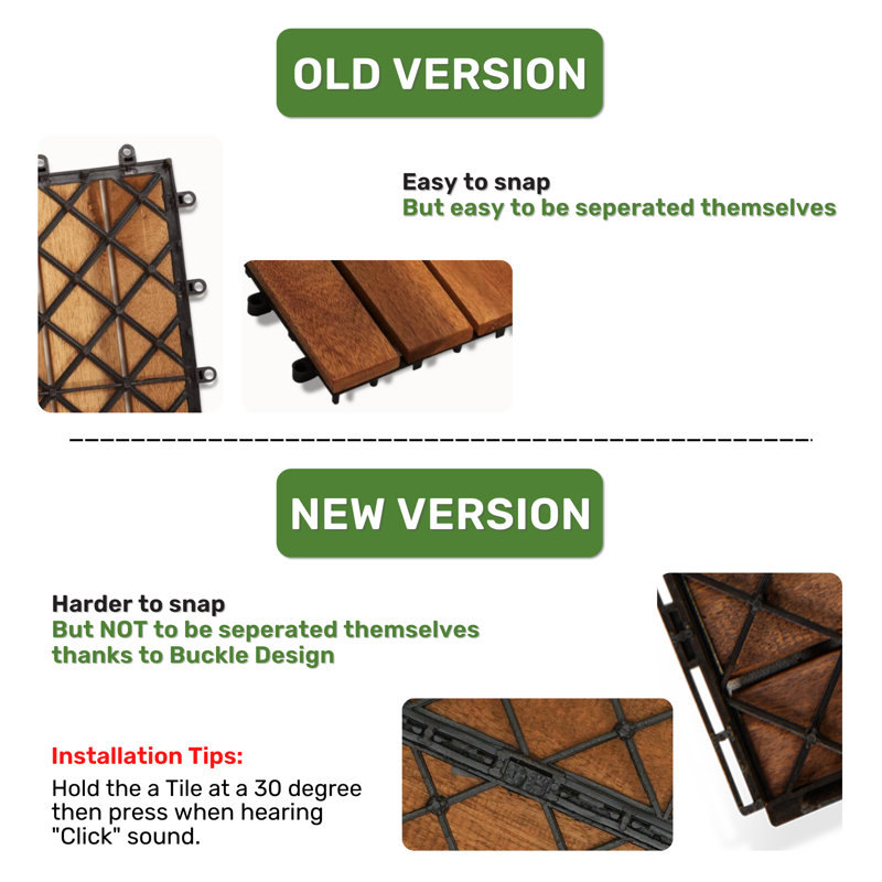 Carreaux de bois en bois d'acacia emboîtables de 12 po x 12 po brun