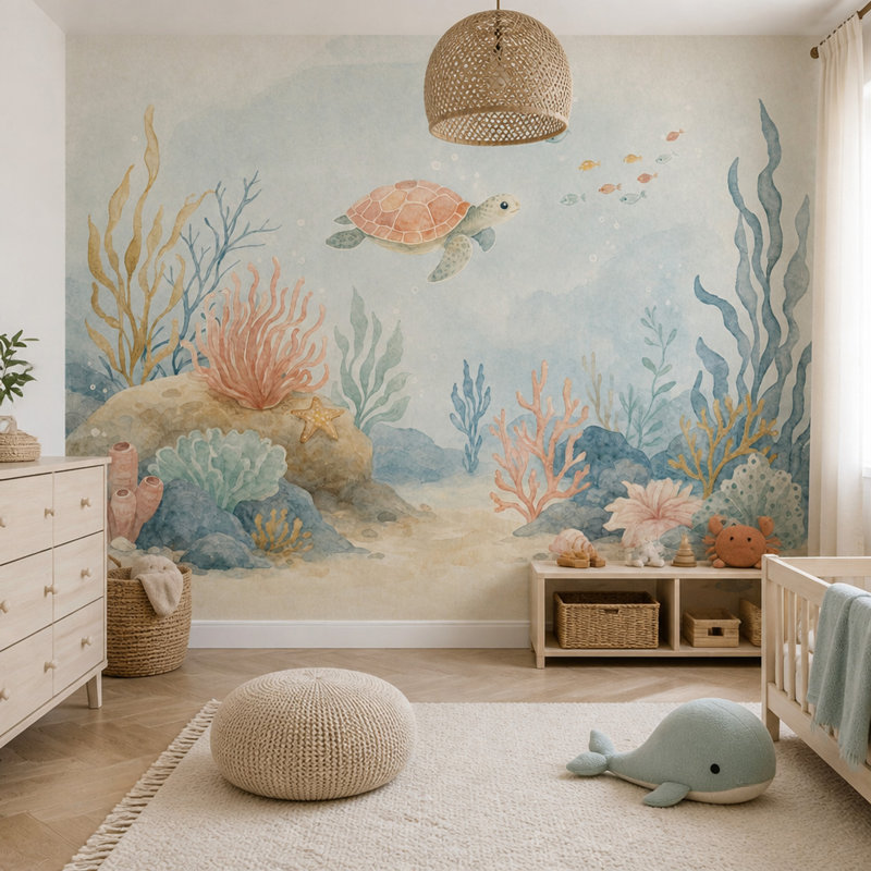 Papier peint tortue marine récif corallien sous-marin décoratif amovible, 120"x96", Peel and Stick