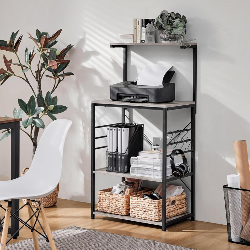 Kitchen Bakers Rack On Wheels Microwave Stand Kitchen Cart, Rolling Coffee Bar Cart With 6 S-Side Hooks And Adjustable Feet, Utility Storage Shelf