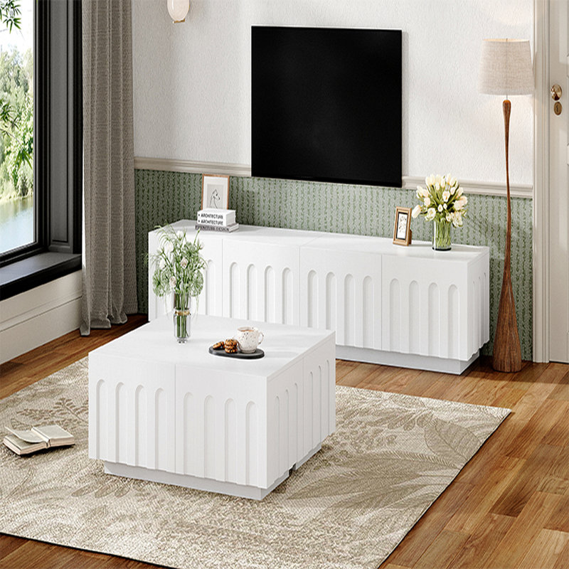 Élégant meuble télé et table basse, ensemble de 2, console multimédia multifonctionnelle avec un design arqué pour les téléviseurs de 80 po ou moins, table centrale moderne à double usage avec tiroirs pour le salon, la chambre à coucher, blanc