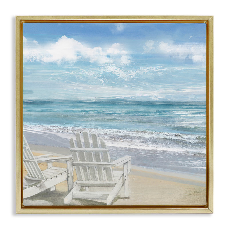 Chaises Adirondack blanches sur la plage, H 18 po x l 18 po, Cadre flottant métallique doré
