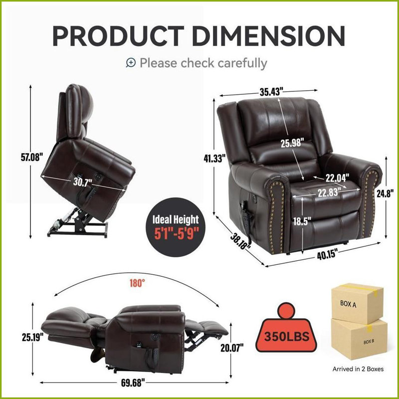Recliners Power Lift Chair with Heat Massage, Dual Motor, USB Ports, 350 LBS Capacity | Faux Leather | Brown