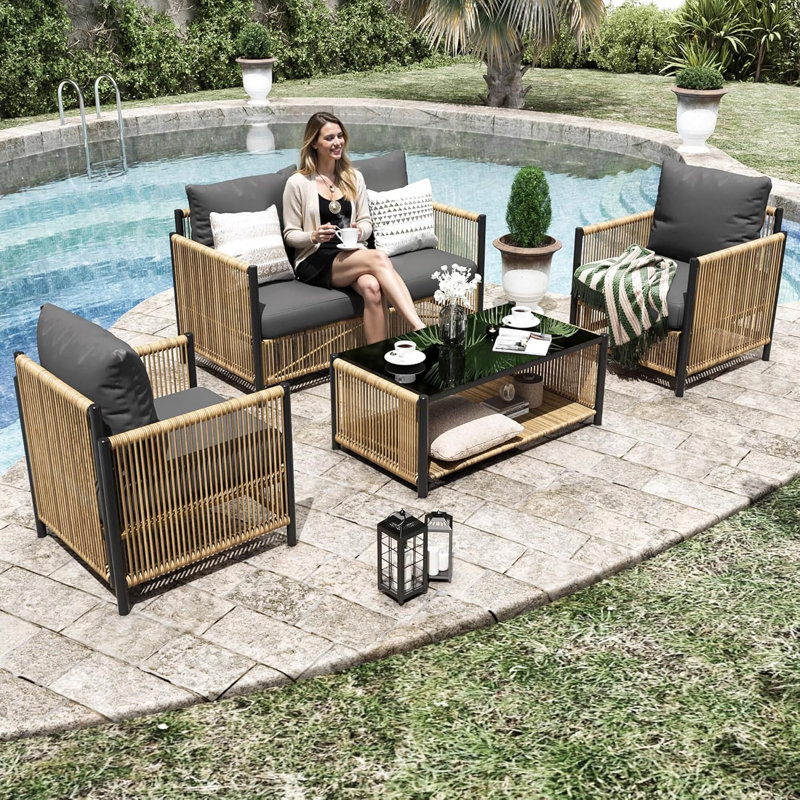 Patio Furniture Set, 4-piece Patio Conversation Set - 2 Outdoor Chairs & 1 Loveseat With Cushions, 1 Coffee Table 