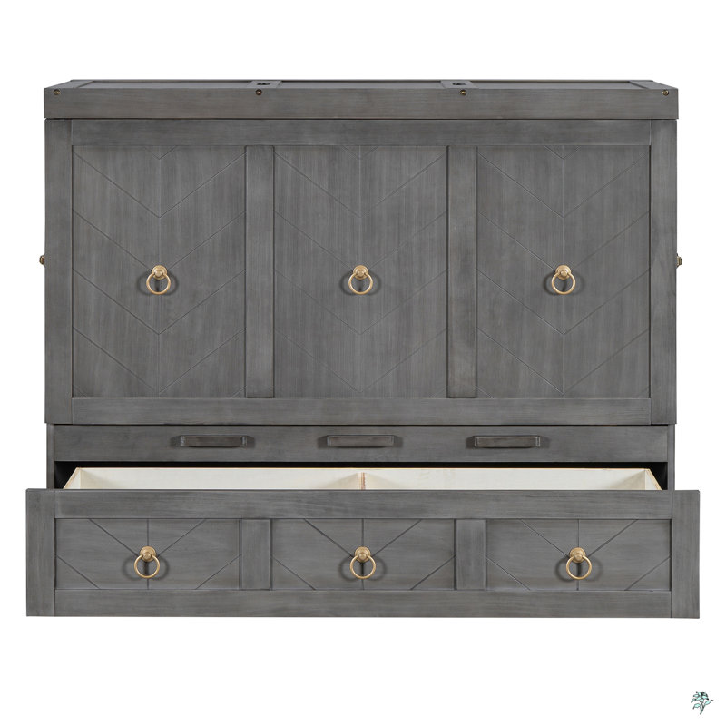Lit escamotable avec port USB et grand tiroir, Gris, Lit double