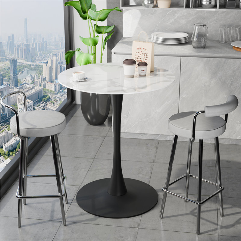 Table de bistro Sintered Stone Top, Blanc, Noir, H 39,37 po x l 29,92 po x P 29,92 po
