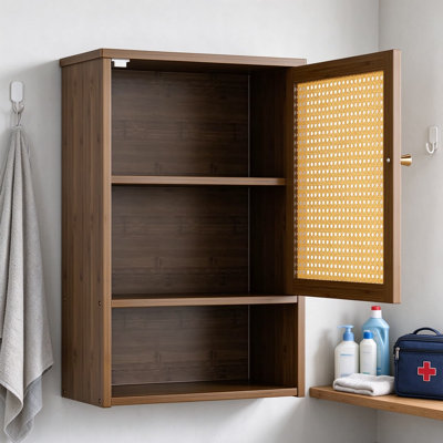Over-The-Toilet Storage Cabinet, Bamboo Bathroom Wall Organizer with Rattan Doors and Adjustable Shelf, Space Saver Medicine Cabinet for Bathroom, Laundry, Kitchen, Living Room