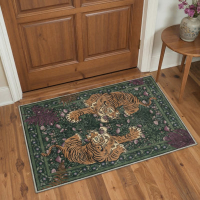 Teiarra Tiger Print Machine Washable Area Rug With Non-Slip Backing