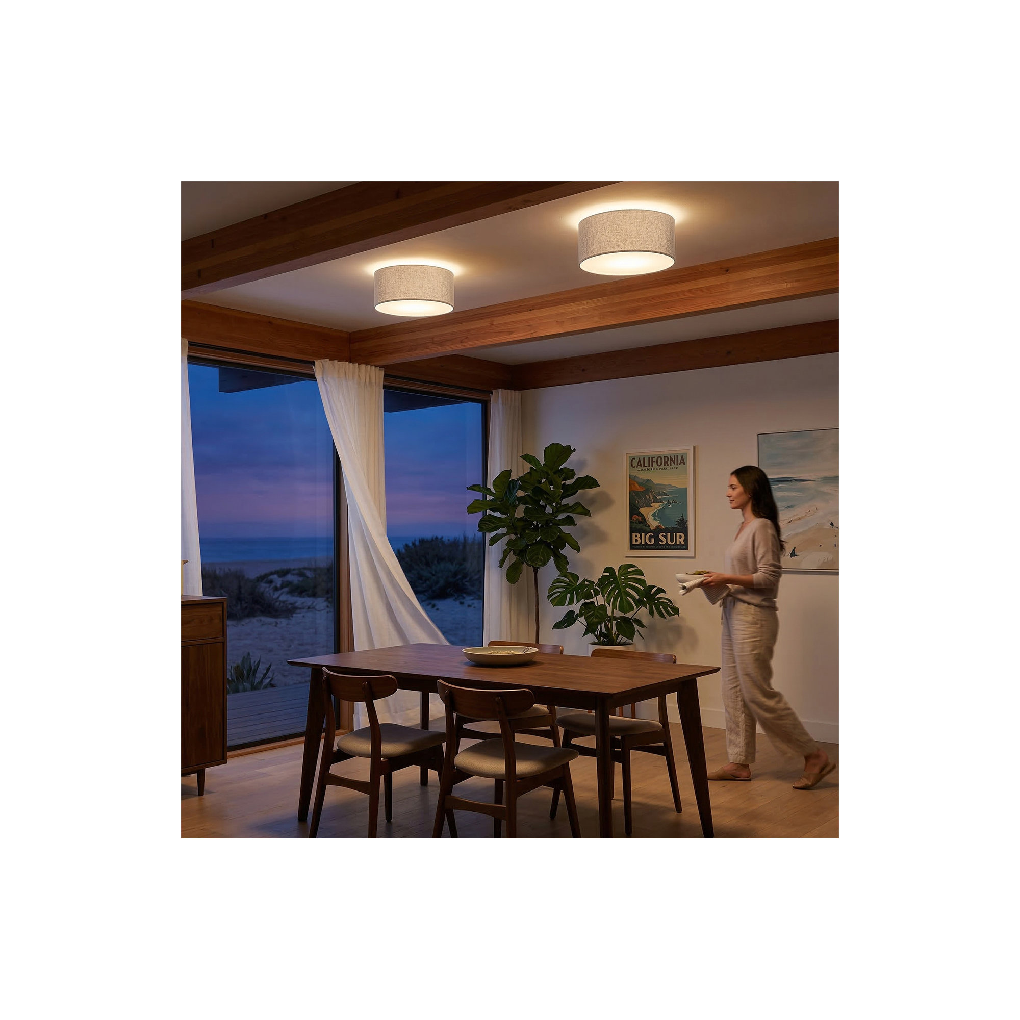 Stretch Flush Mount, 22" White Linen Drum Shade, Satin Nickel, Dimmable, Cashmere Gray