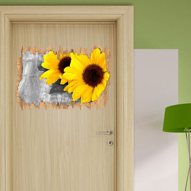 Wandtattoo Schöne Sonnenblumen auf Holztisch