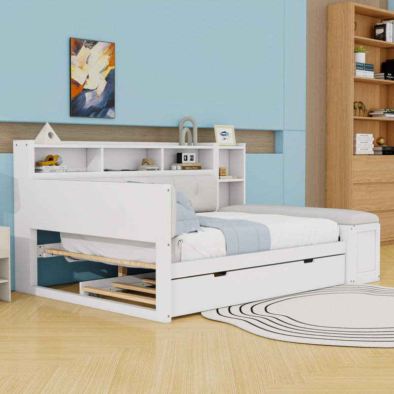 2 Drawers Full Daybed with Twin Trundle, Shelves, Side Bench and Charging Station, White