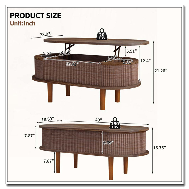Table basse moderne à plateau relevable ovale avec compartiment caché, Noyer