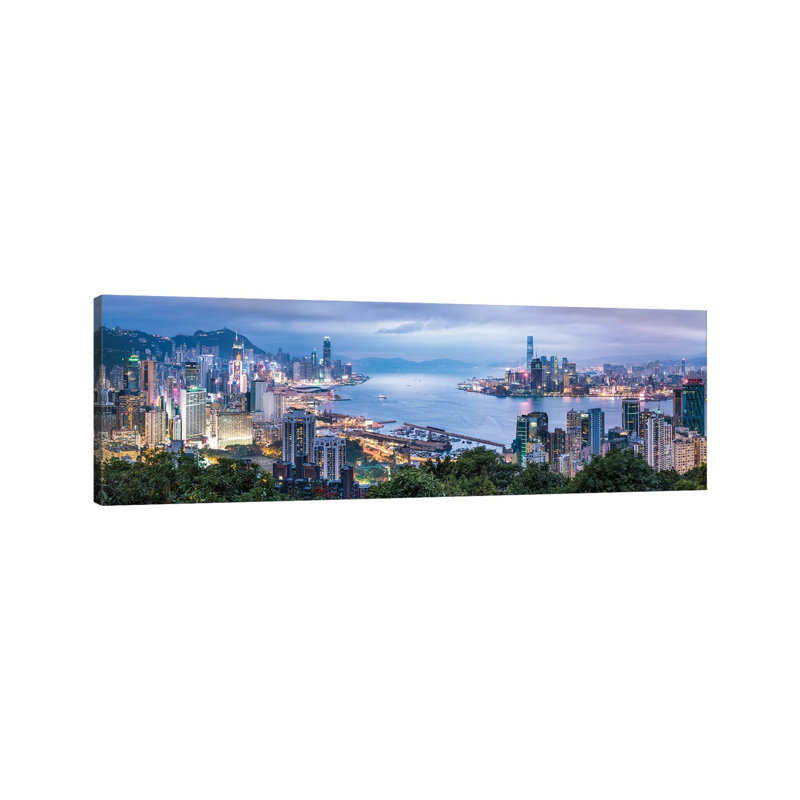 Hong Kong Skyline Panorama At Night by Jan Becke - Wrapped Canvas Panoramic Print, 30.48 cm H x 91.44 cm W x 1.91 cm D