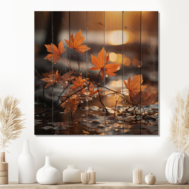 «Orange Autumn Maple Leaves I - Lake», reproduction sur toile, H 15 po x l 15 po