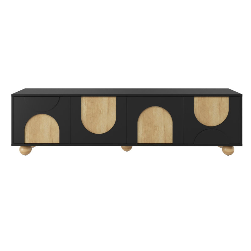 Console 69,6 po avec 4 armoires et pieds en bois massif, meuble télé de ferme avec gestion des câbles, Noir