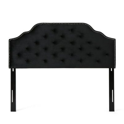 Queen & Full Sized Headboard - Upholstered Velvet In Black With Button Pattern And Elegant Nailhead Accents, Assembly Required Contemporary Covering Diamond Appealing Needed