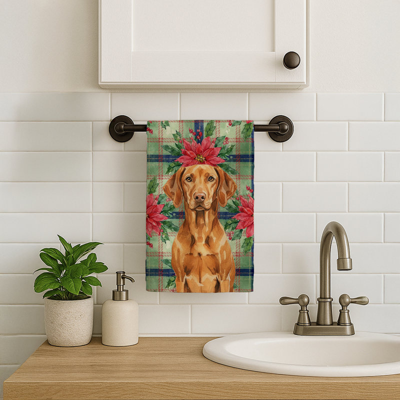 Vizsla Christmas PoinsettIas Kitchen Towel, Red Vizsla