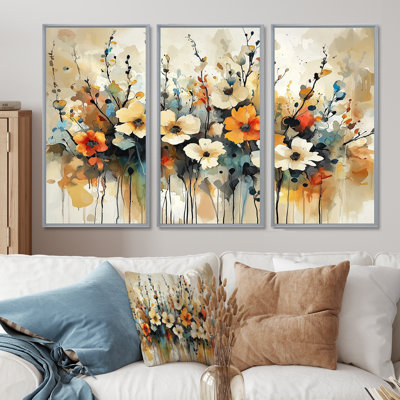 Fleurs sauvages et symphonie abstraite II - art mural fleurs sauvages - ensemble de 3