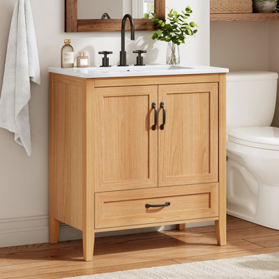 30" Bathroom Vanity with Ceramic Sink – Solid Wood Legs, Soft-Close Doors & Drawer, Door Shelf