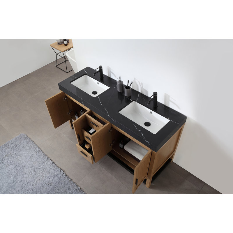 Winchester 60” W Double Vanity, Black, Pecan Oak