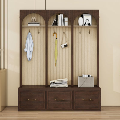 Wood Hall Tree with Entryway Bench, Coat Rack, 8 Hooks and 3 Drawers