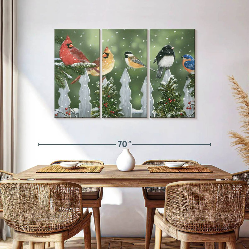 Oiseaux d'hiver Brampt sur une clôture enneigée, H 36 po x l 57 po