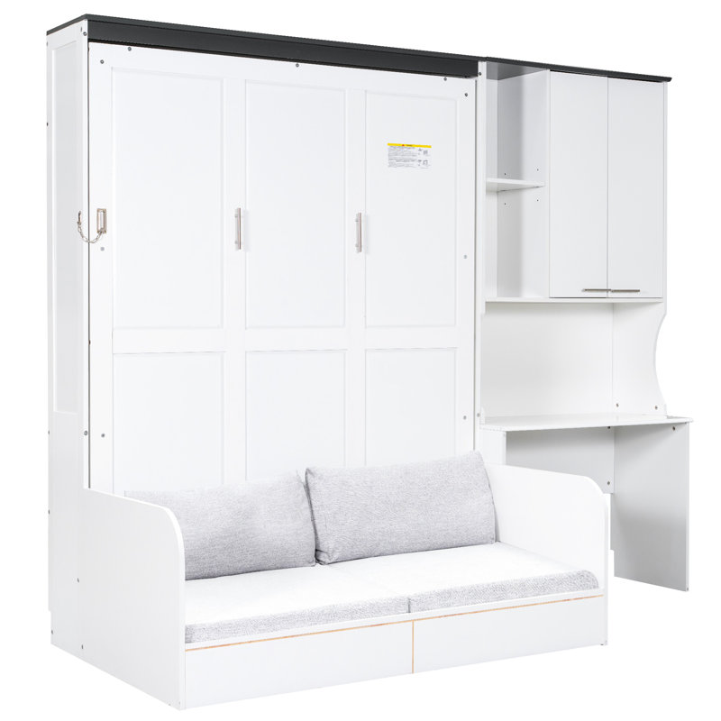 Grand lit avec rangement intégré, bureau et rangement, peu encombrant, couleur blanche, bois et coin salon moelleux pour travailler