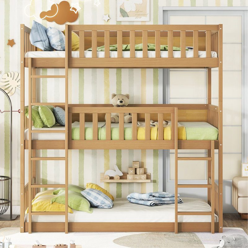 Twin Size Triple Rubber Wood Bunk Bed, With Ladders, Guardrails Detachable Bunk Bed, Twin Over Twin Over Twin,Natural