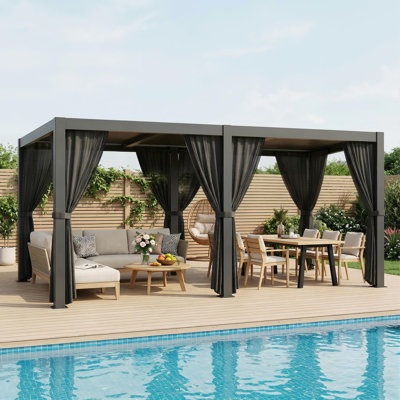 10' x 20' Modern Aluminum Louvered Pergola with Adjustable Roof and Privacy Curtains for Outdoor Patio