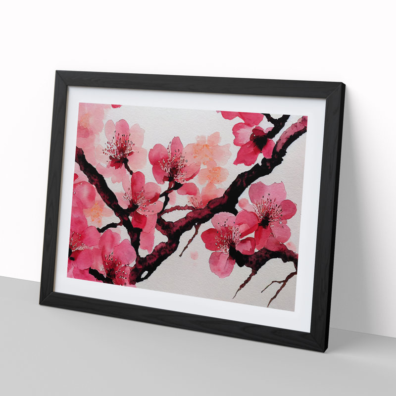 Cherry Blossom Flower Watercolour Vol.2 - Single Picture Frame Painting, Black, 34cm H x 46cm W x 2cm D