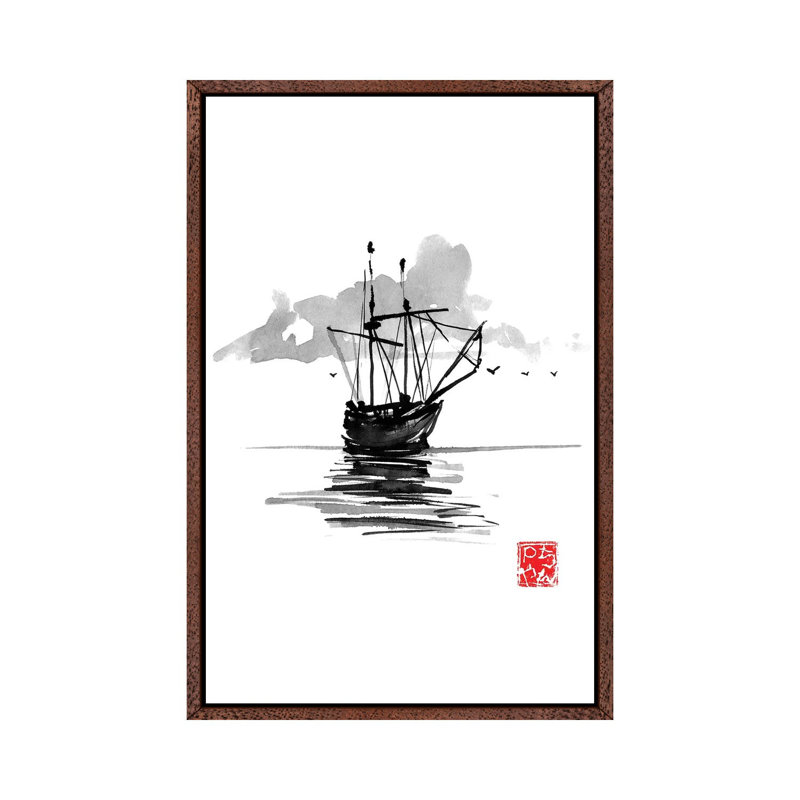 Boat by Péchane - Painting on Canvas, 66.04 cm H x 45.72 cm W, Classic Brown Wood Framed