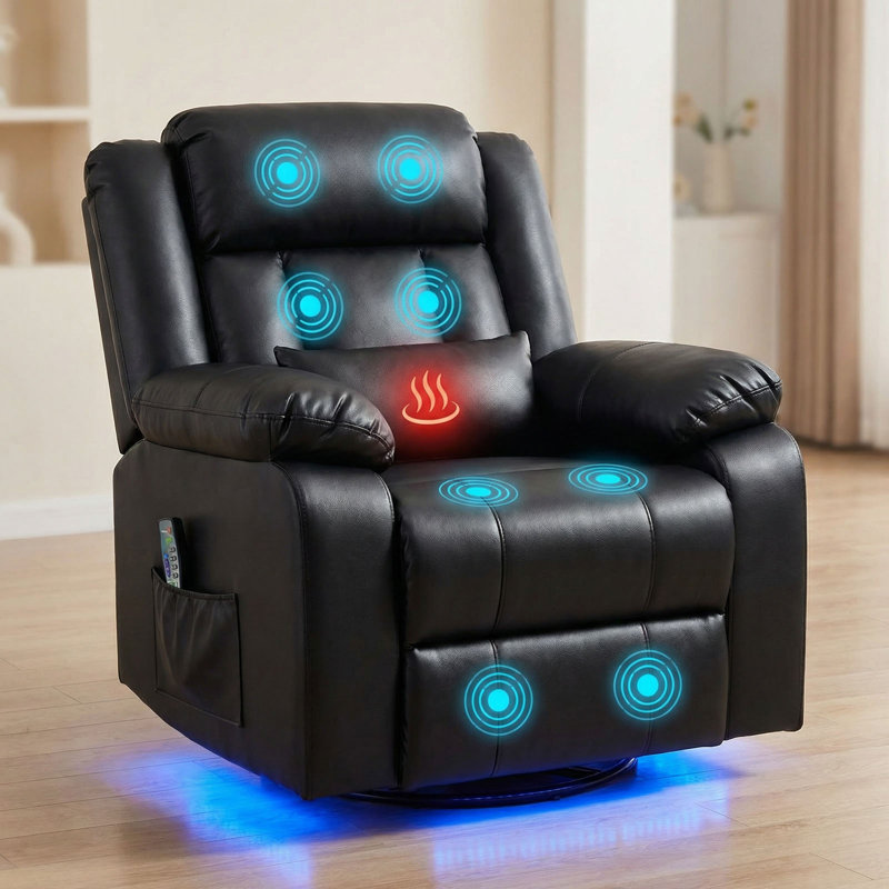 Fauteuil inclinable électrique pivotant à deux moteurs avec massage et chaleur, bandes lumineuses à DEL, Noir