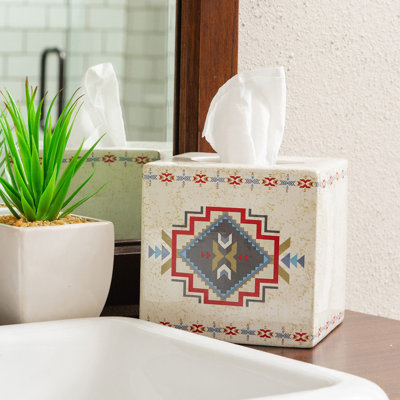 Spirit Valley Cream Aztec Print Ceramic Southwestern Style Tissue Box Cover -  Paseo Road by HiEnd Accents, TB2113