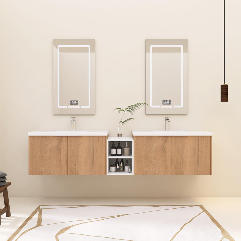 Satvik 82.92'' Double Bathroom Vanity with Resin Top, Oak