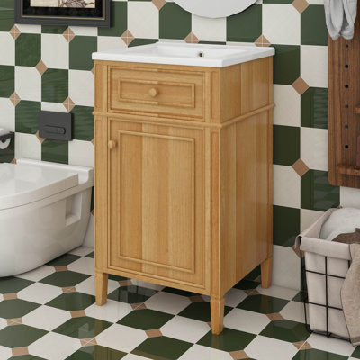 Petit meuble-lavabo de 20 po avec lavabo, lavabo autoportant doux avec porte à fermeture, tiroir inclinable et tablette réglable, poignées en bois