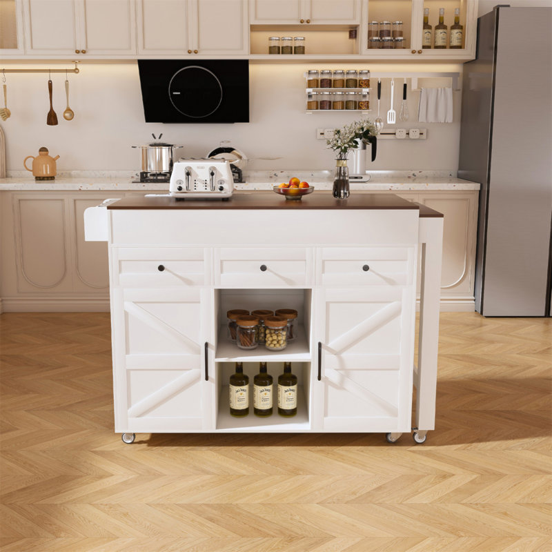 Îlot de cuisine 74,8 po avec table de salle à manger extensible et prise de courant - Chariot de rangement sur roulettes avec 3 tiroirs et armoire à 2 portes pour la salle à manger