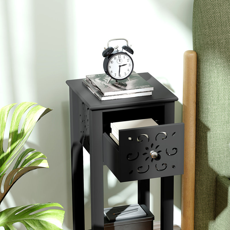 Nightstand Set of 2 with Drawer and Open Storage Shelf, White, Black