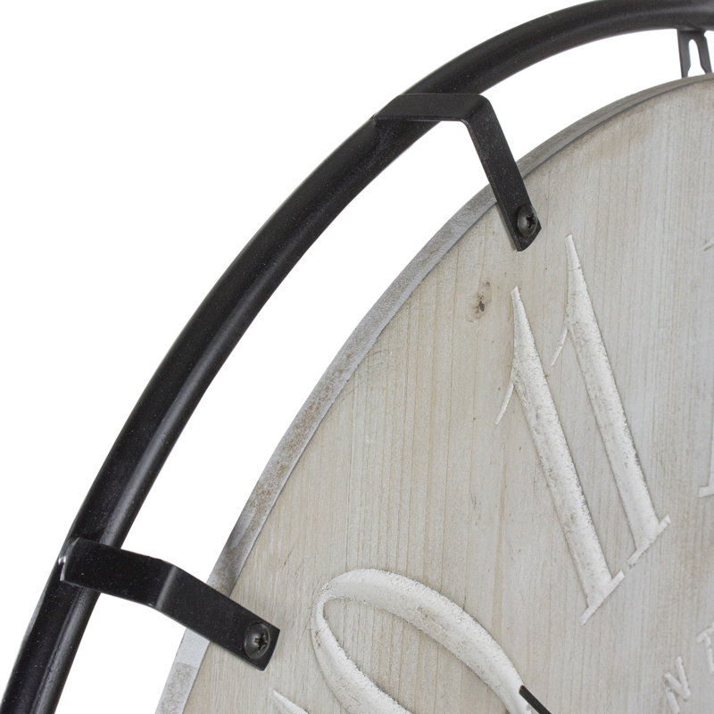 23.5" Black Metal and Light Brown Wood Rustic Round Wall Clock