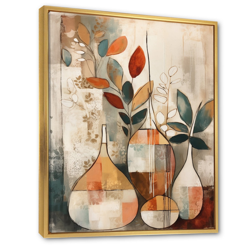 Ruhani vert et beige canalisant les vibrations bohémiennes sur toile, H 32 po x l 24 po, Cadre flottant doré