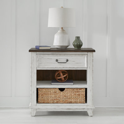 Chalita Bedside Chest w/ Open Shelf & Basket, 1 Drawer, & Built-In Charging Station