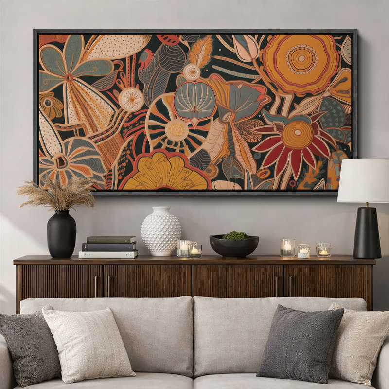 Abstract Botanical " Extra Large Abstract Floral And Fauna Vibrant Bohemian Garden Retro Fine Art Decorative Colorful "