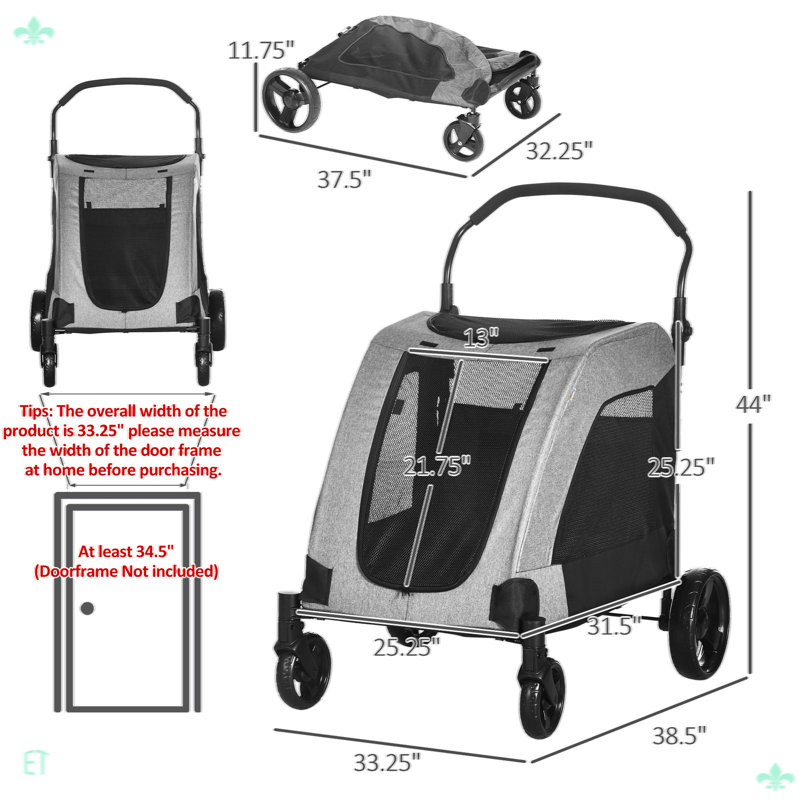 Poussette pour animaux avec roue de rangement universelle ventilée pliable, Gris